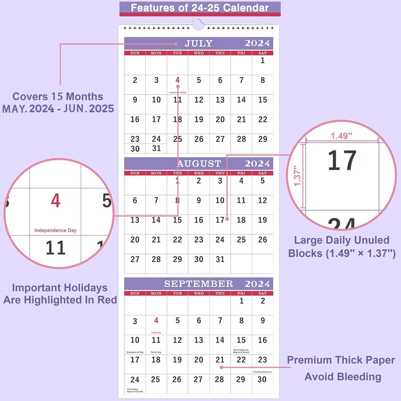 بولوما تقويم حائط 2024-2025 - تقويم حائط لثلاثة أشهر (مطوي على شكل شهر)، من مايو 2024 إلى يونيو 2025، مقاس 11.25 × 26 بوصة، تقويم لثلاثة أشهر 2024-2025 - بنفسجي - Image 3